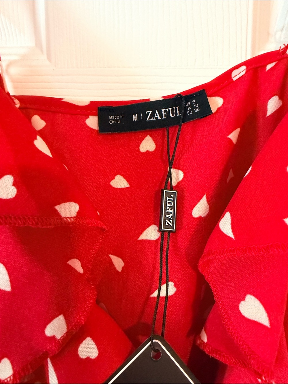 Zaful Red & White Heart Print Ruffle Slip - Picture 2 of 3